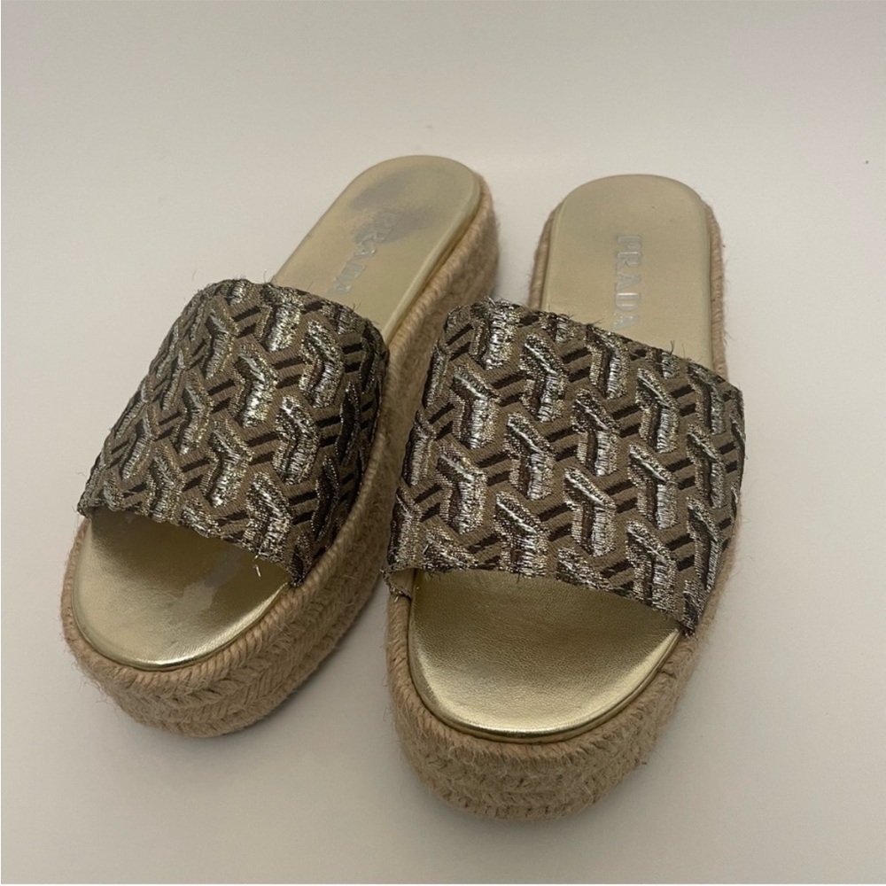 Prada Espadrille Platform Slide Sandals Metallic Womens Size 7.5 Designer - Picture 8 of 15
